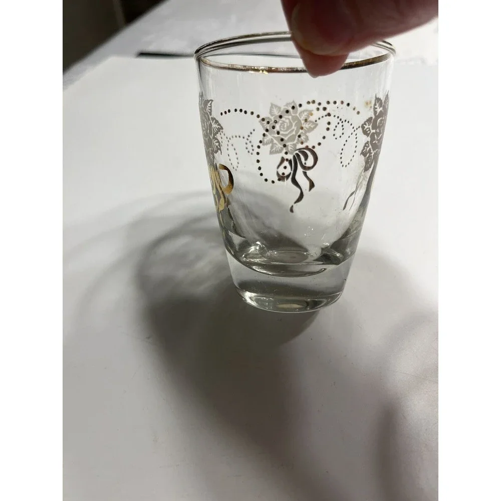 8 Vintage LIBBEY WHITE gold floral Juice GLASSES, 5 oz, flared